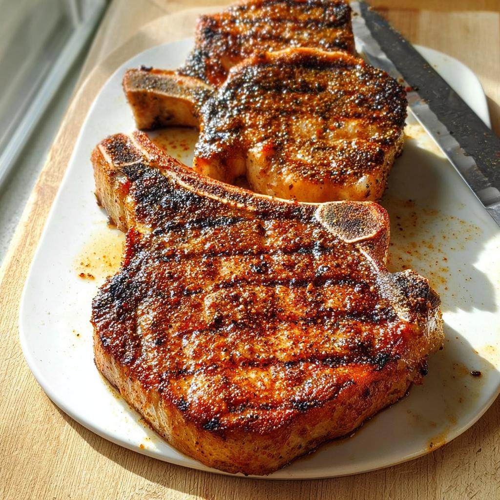 Three thick, juicy, grilled bone-in pork chops seasoned with spices resting on a white platter.