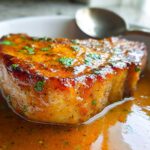 Close-up of a thick, perfectly seared pork chop glistening with sauce and garnished with parsley, part of The Ultimate Pork Chops Recipes Guide.