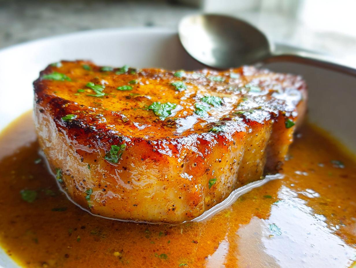 Close-up of a thick, perfectly seared pork chop glistening with sauce and garnished with parsley, part of The Ultimate Pork Chops Recipes Guide.
