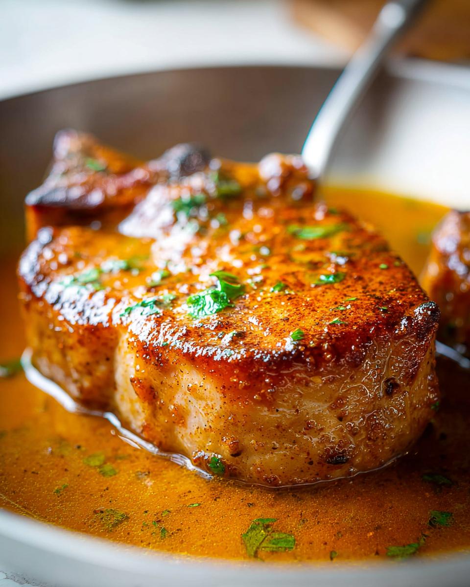 Close-up of a thick, perfectly seared pork chop resting in a rich, savory sauce, part of The Ultimate Pork Chops Recipes Guide for Beginners.