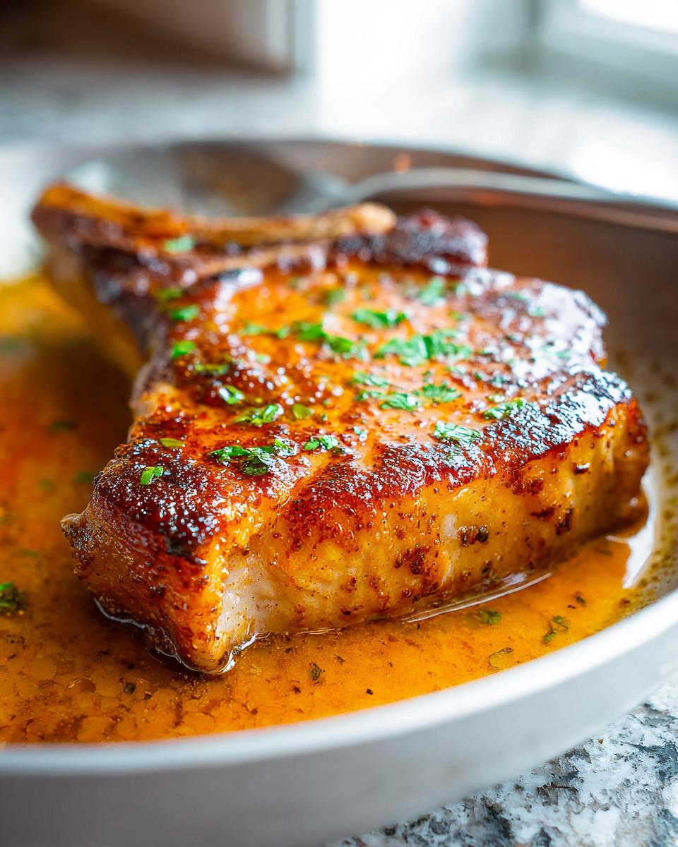 A close-up of a thick, juicy pork chop recipe, perfectly seared and resting in a rich, orange sauce, garnished with herbs.