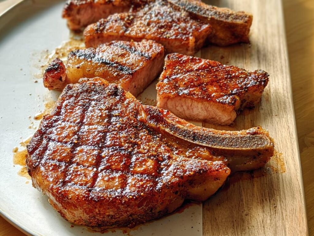 Four perfectly seared, thick-cut bone-in pork chops resting on a wooden board, showing a beautiful crust.