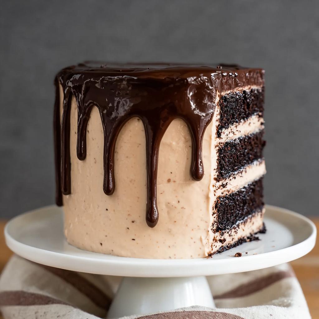 A decadent slice of a multi-layered chocolate cake with light frosting and a rich chocolate ganache drip, perfect for cake ideas recipes.