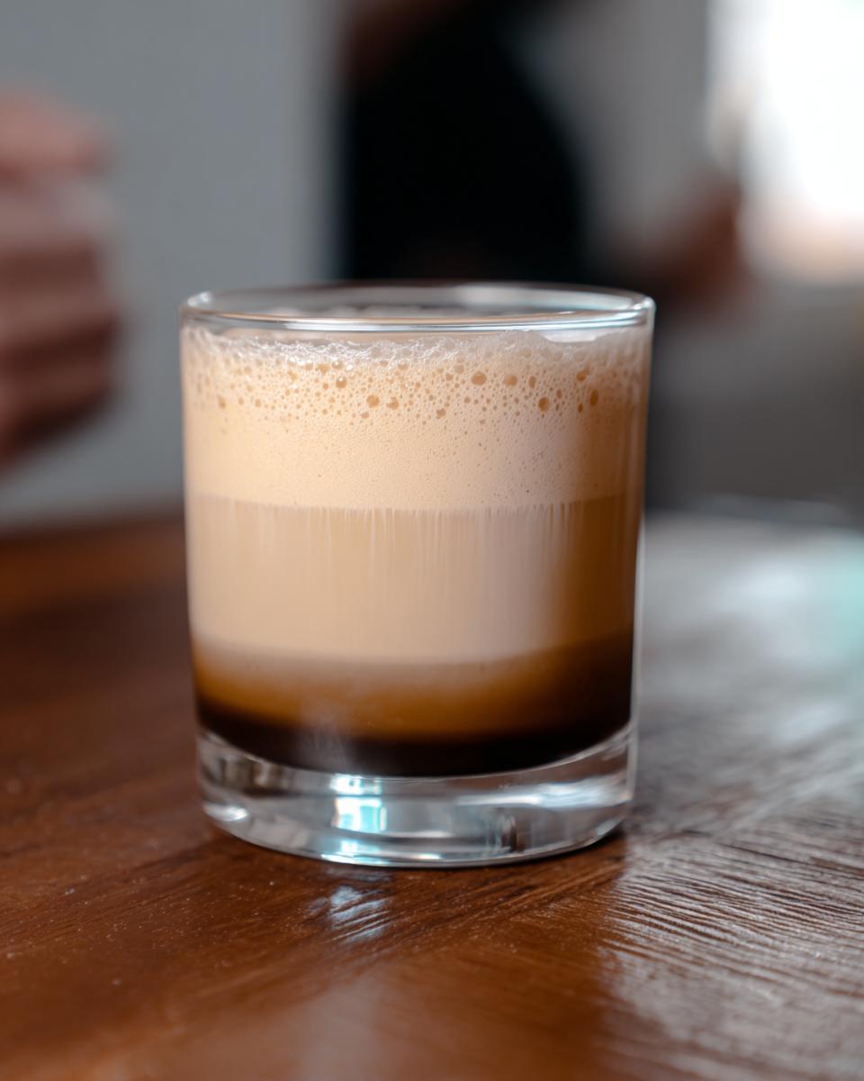 Close-up of a layered iced coffee drink resembling a Starbucks recipe idea for busy weeknights.