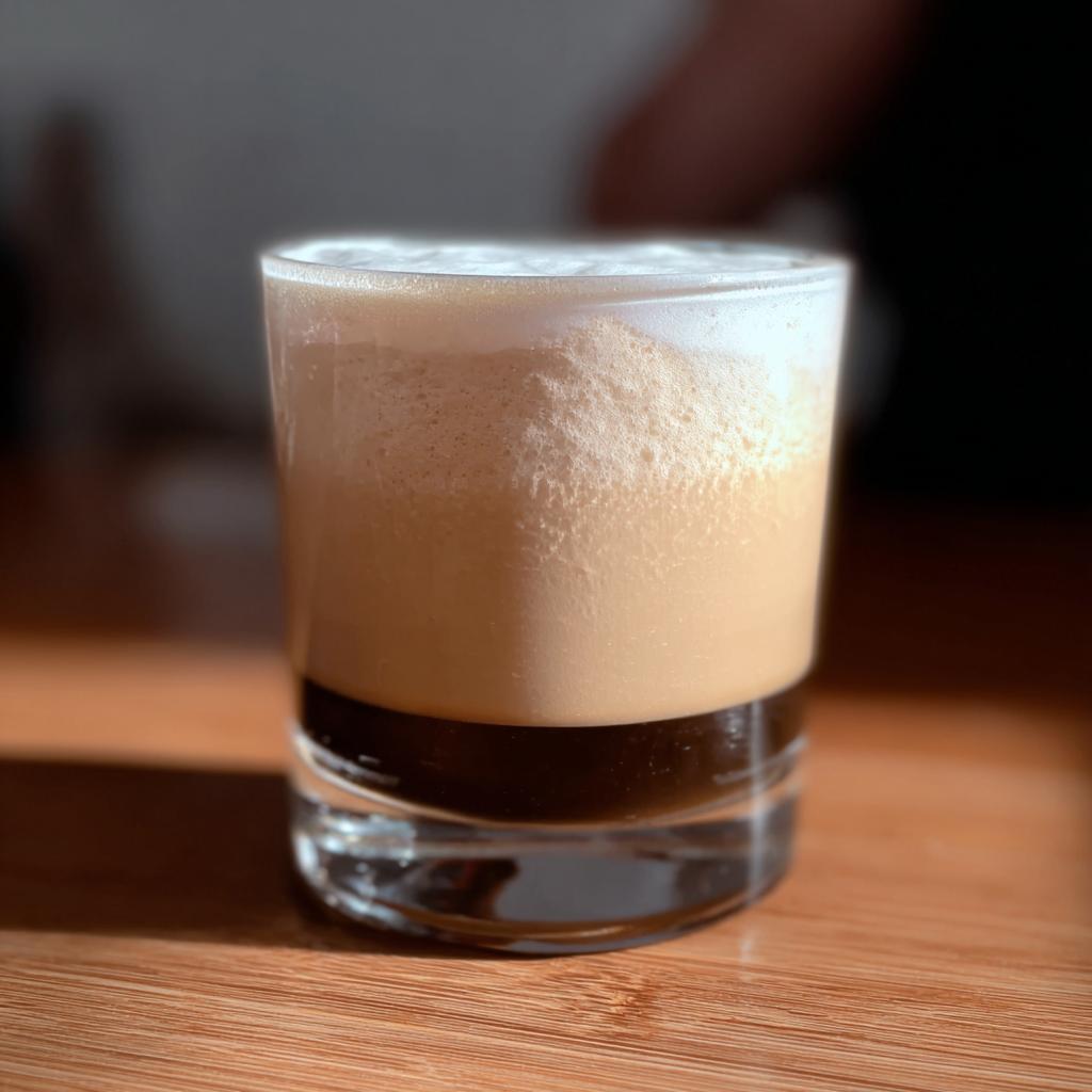 Close-up of a layered coffee drink with dark liquid at the bottom and thick, creamy foam on top, perfect for Starbucks drinks recipes ideas.