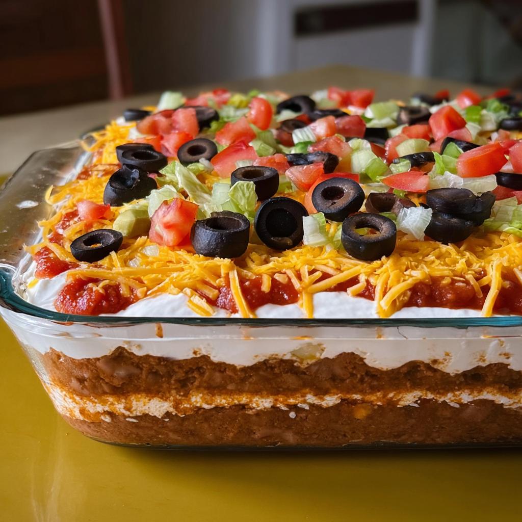 Close-up of a layered 7-layer dip, a perfect addition to Taco Tuesday recipes, topped with cheese, olives, and tomatoes.