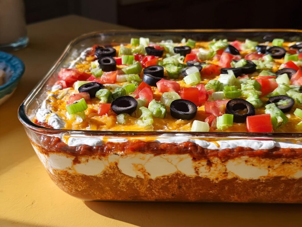 Close-up of a layered taco dip in a glass dish, topped with cheese, olives, tomatoes, and green onions.
