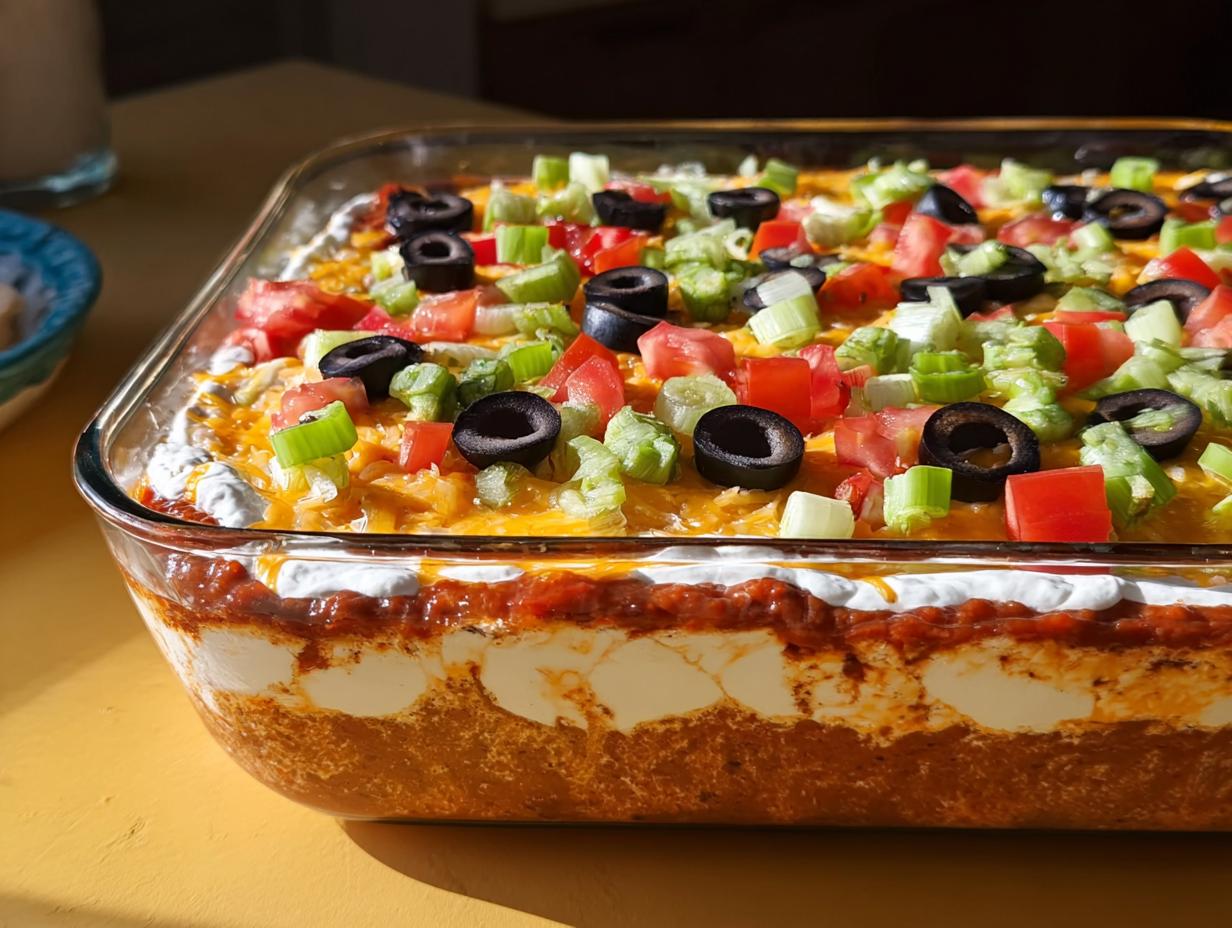 Close-up of a layered taco dip in a glass dish, topped with cheese, olives, tomatoes, and green onions.