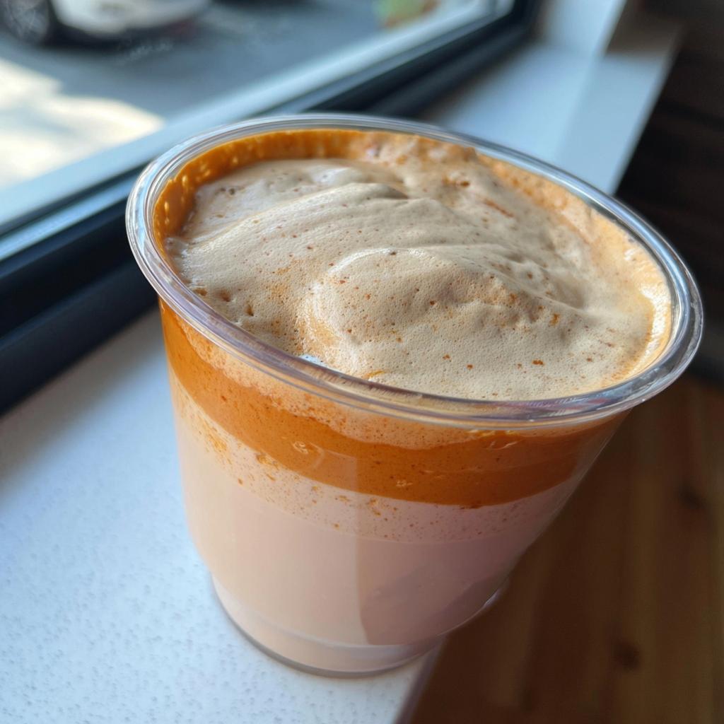 Close-up of a layered, frothy coffee drink in a clear plastic cup, resembling Restaurant-Style Starbucks Drinks Recipes at Home.