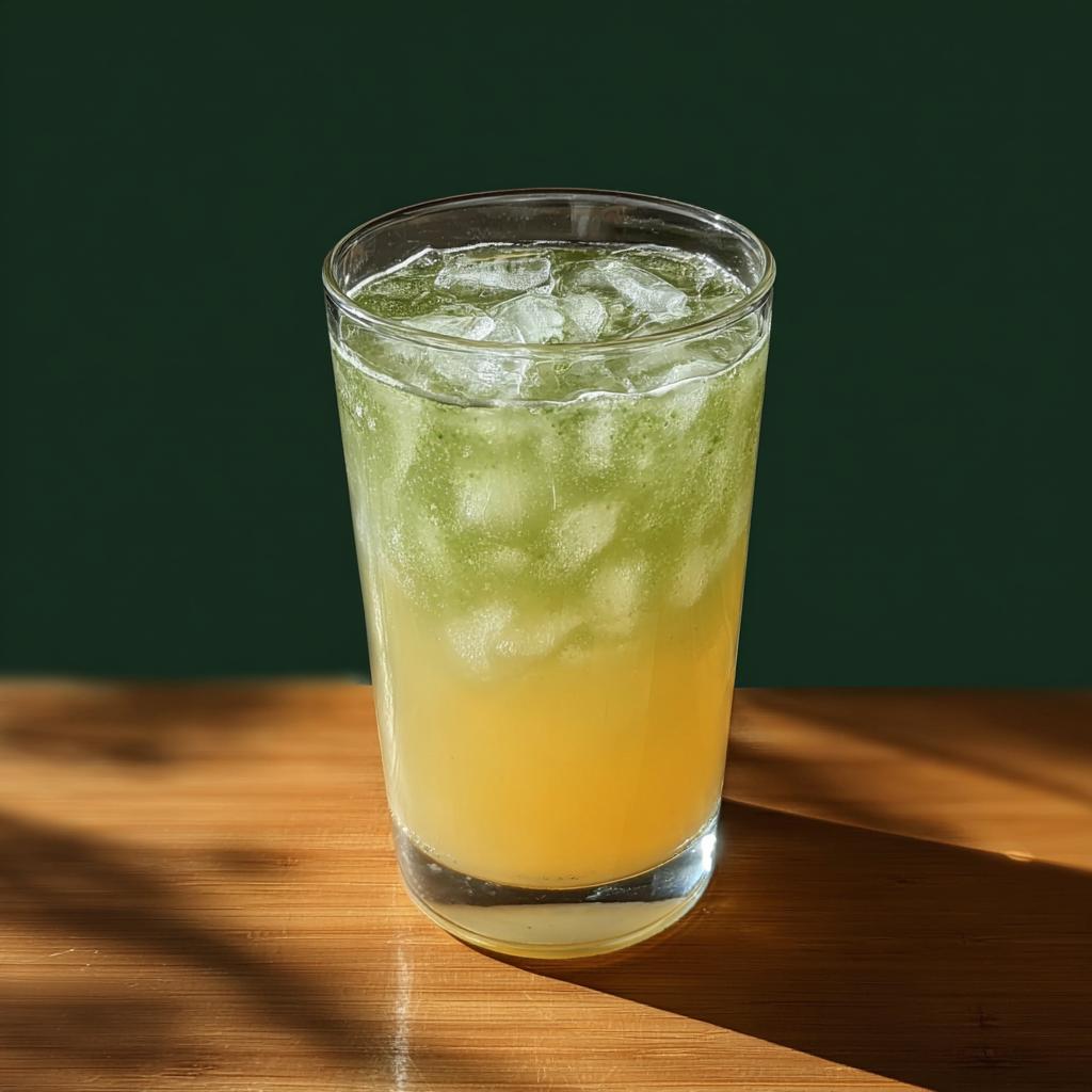 A tall glass filled with ice, showing a layered yellow liquid base and a green, slightly frothy top layer, perfect for 20-Ingredient Starbucks Drinks Recipes.