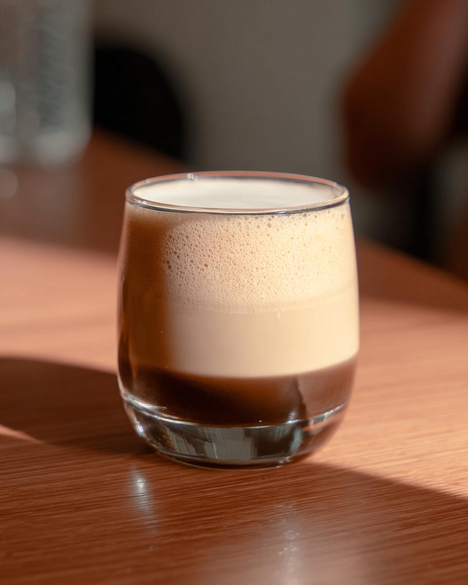 Close-up of a layered iced coffee drink with dark espresso on the bottom and thick foam on top, perfect for Starbucks drinks recipes ideas.