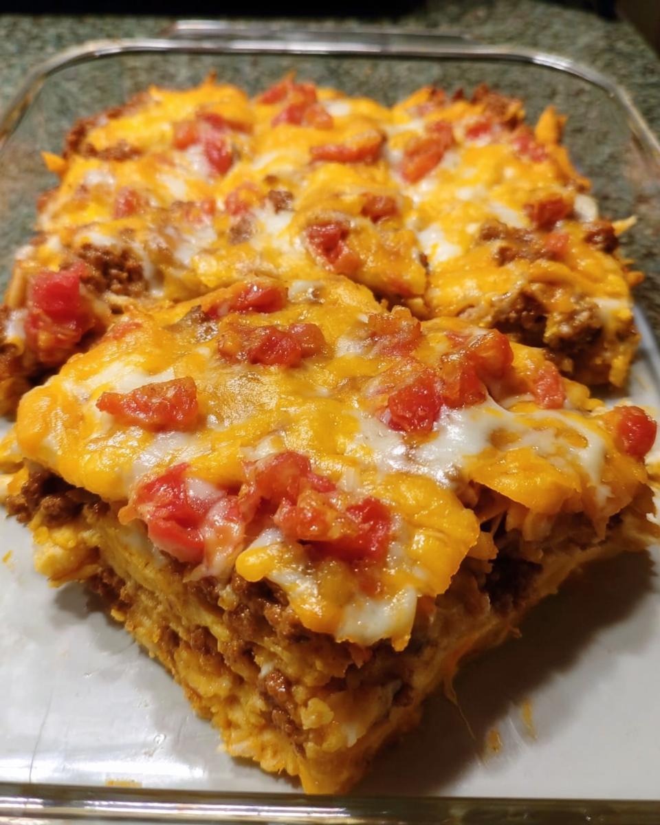 A thick slice of layered taco casserole topped with melted cheddar cheese, Monterey Jack, and diced tomatoes, perfect for Taco Tuesday recipes.
