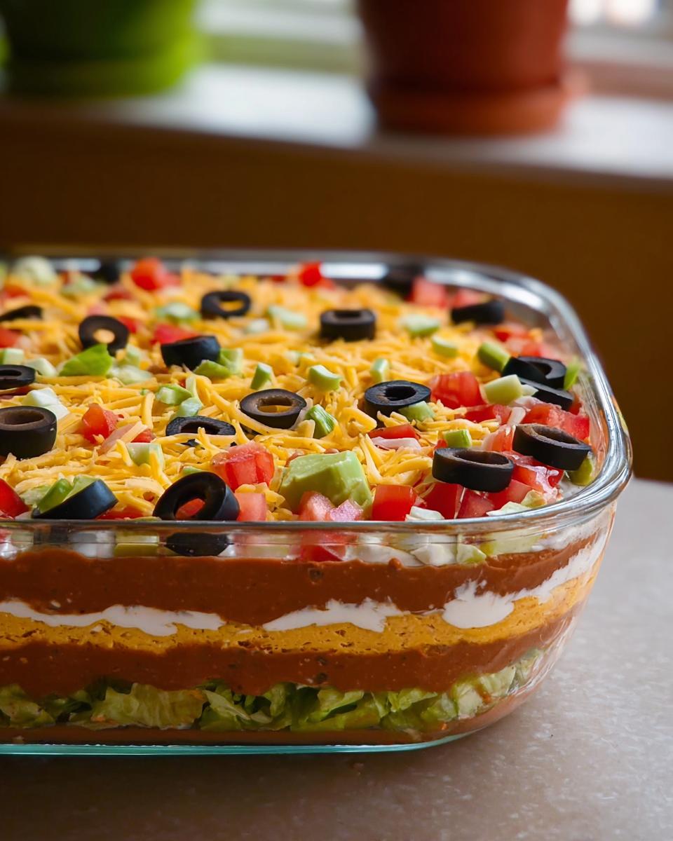 Close-up of a layered taco dip in a glass dish, topped with cheese, tomatoes, olives, and avocado, perfect for Taco Tuesday recipes.