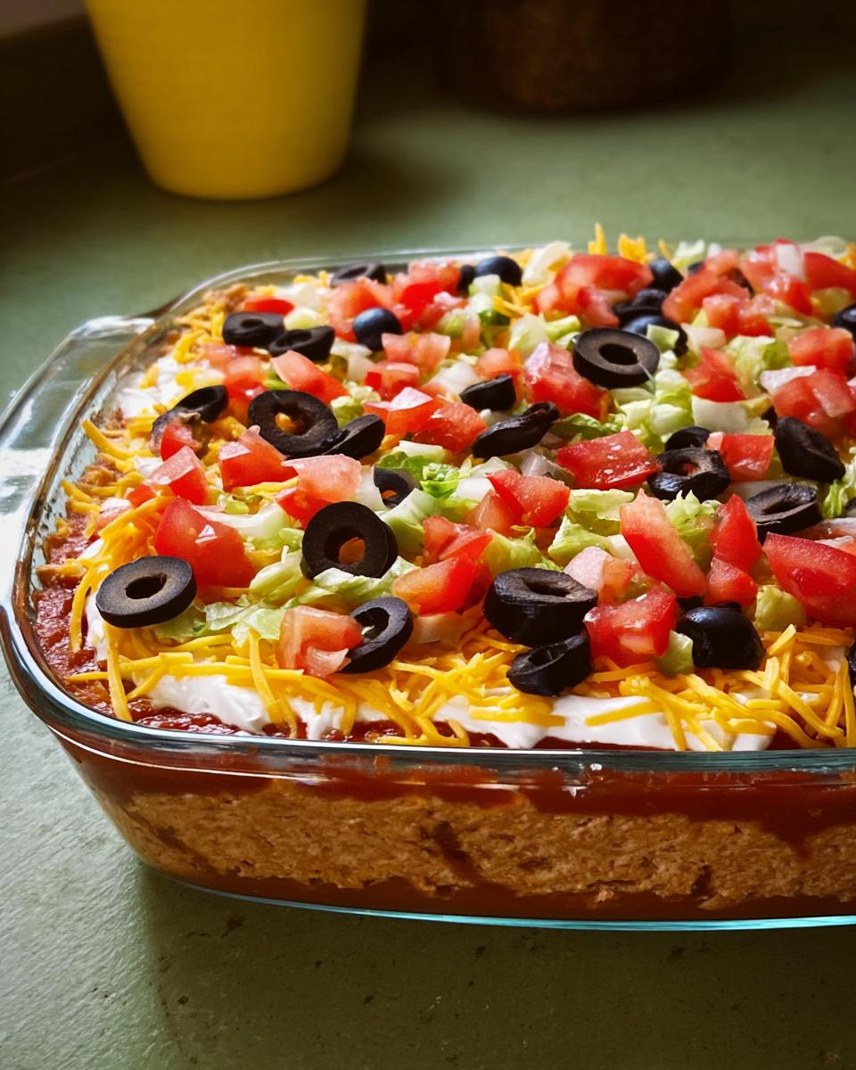 Close-up of a layered taco dip in a glass dish, topped with sour cream, lettuce, tomatoes, and black olives for Taco Tuesday Recipes.