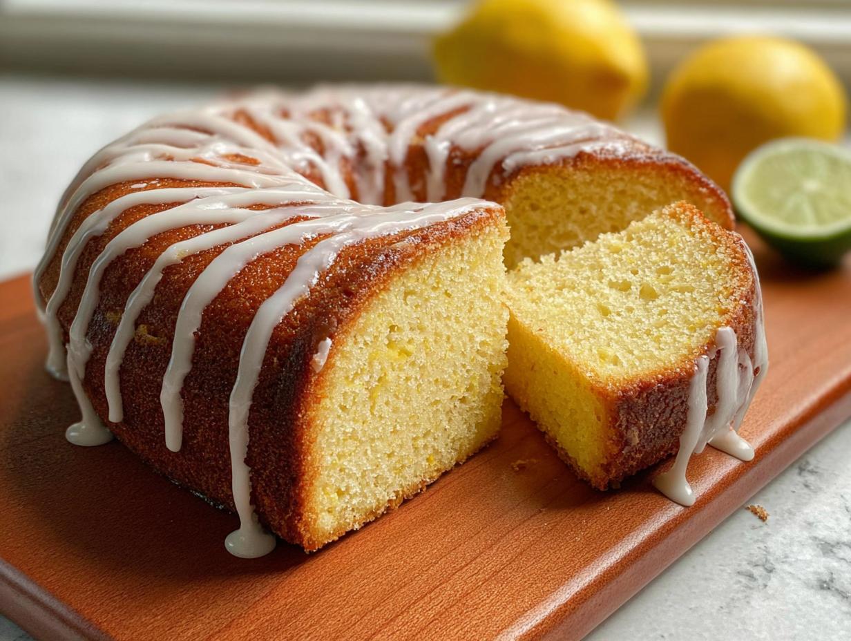 A moist lemon bundt cake with white glaze, sliced open, next to fresh lemons and a lime.