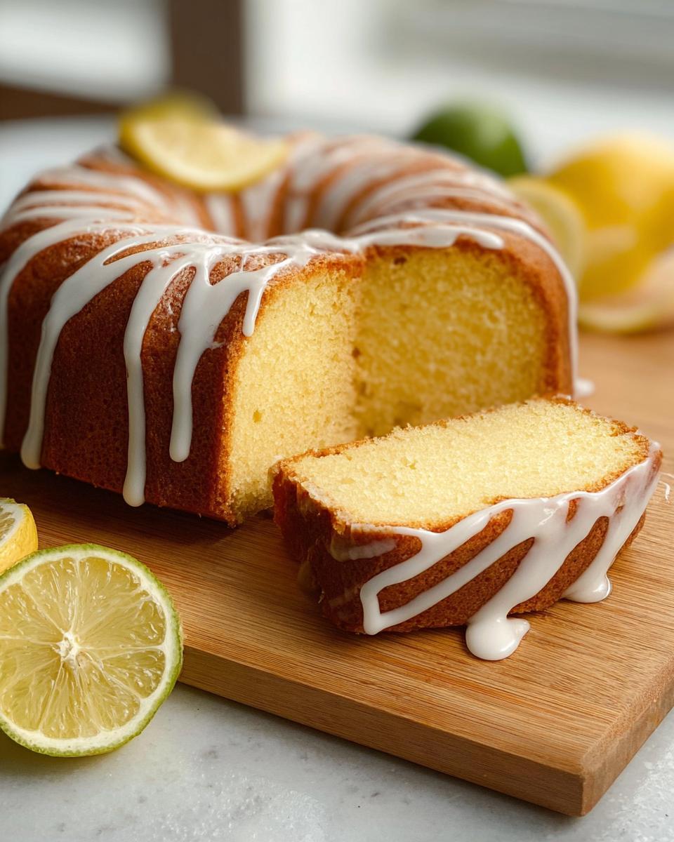 A slice of glazed lemon bundt cake next to the main cake, featuring fresh lemon slices. Great for cake ideas recipes.