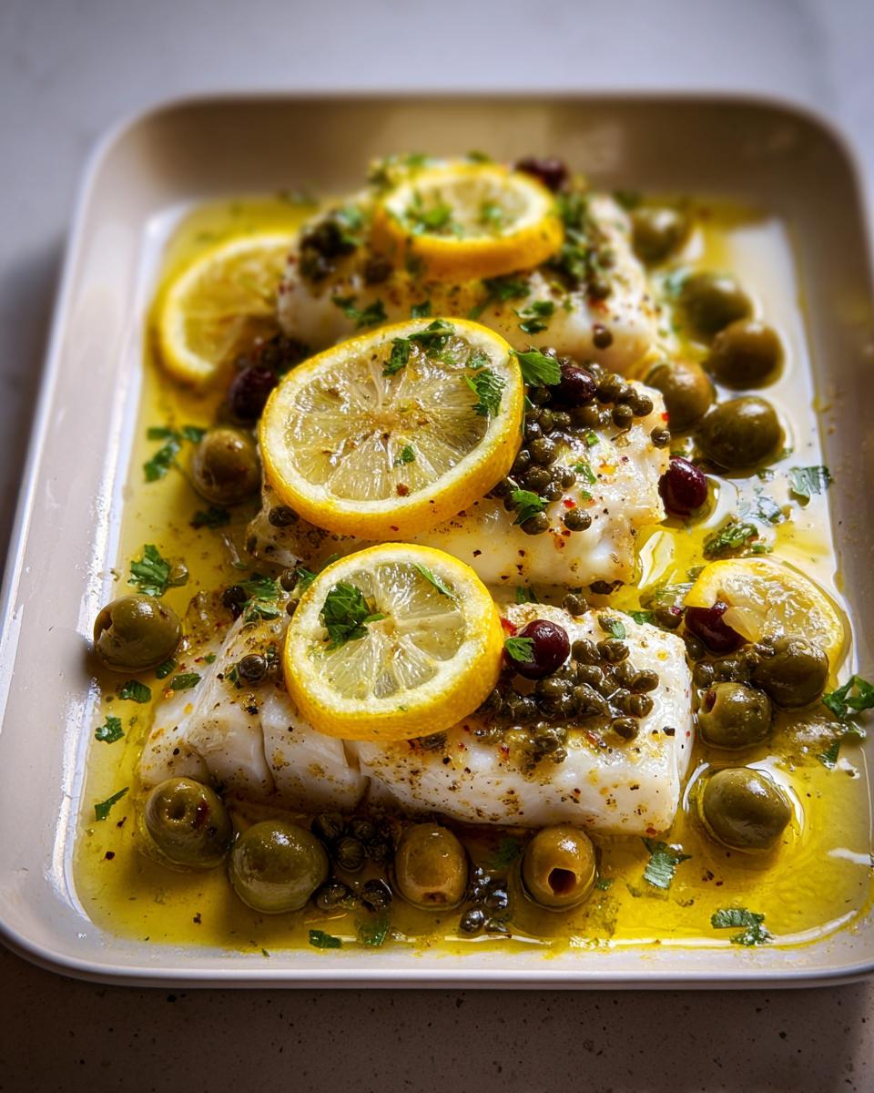 Close-up of baked white fish fillets with lemon slices, capers, olives, and herbs, a great option for veggie sides.