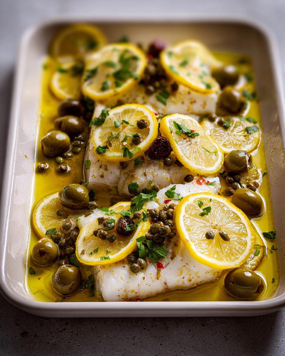 Baked white fish fillets topped with lemon slices, capers, green olives, and parsley, sitting in olive oil.