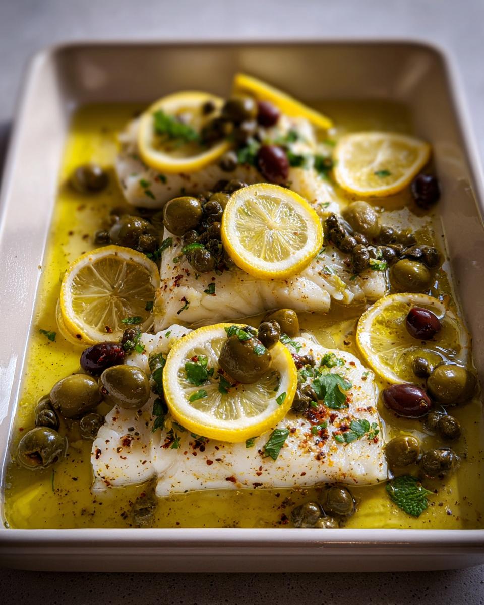 Baked white fish fillets topped with lemon slices, olives, and capers, a great example of veggie sides ideas.