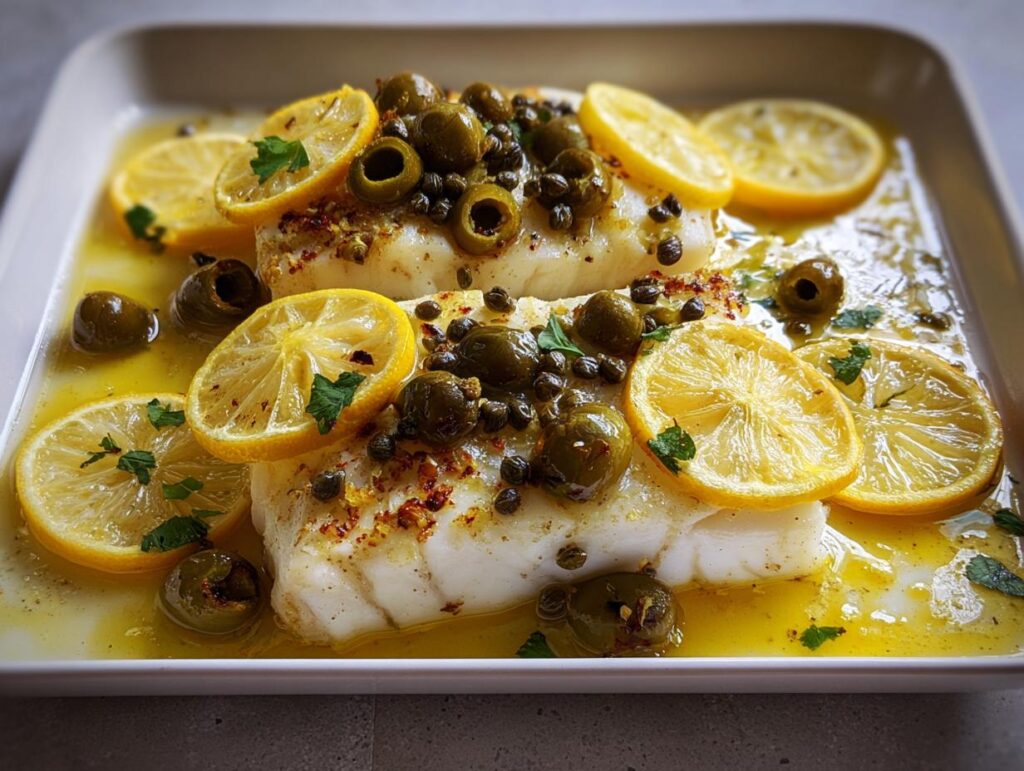 Two fillets of white fish baked with lemon slices, green olives, and capers, perfect for one of 7 Genius Veggie Sides Recipes Ideas.