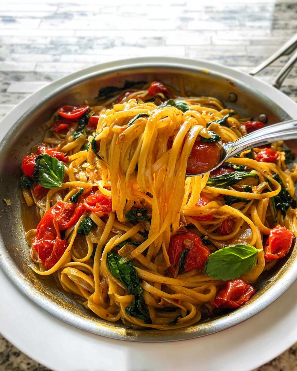 A spoonful of creamy linguine pasta tossed with roasted cherry tomatoes and fresh spinach, perfect for Easy Dinner Recipes Meal Prep.
