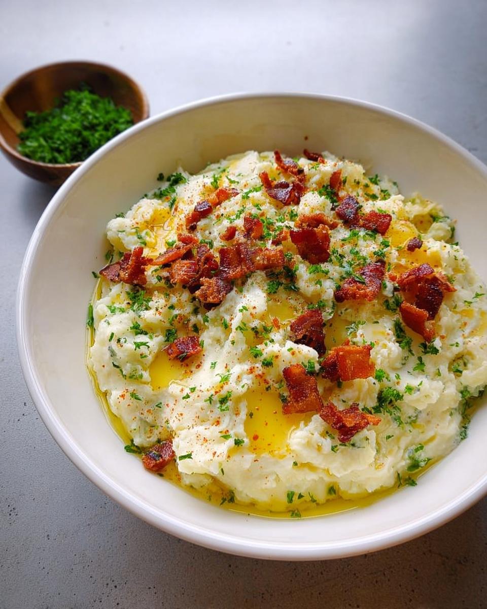 A white bowl filled with creamy mashed potatoes topped with crispy bacon bits, melted butter, and fresh parsley.