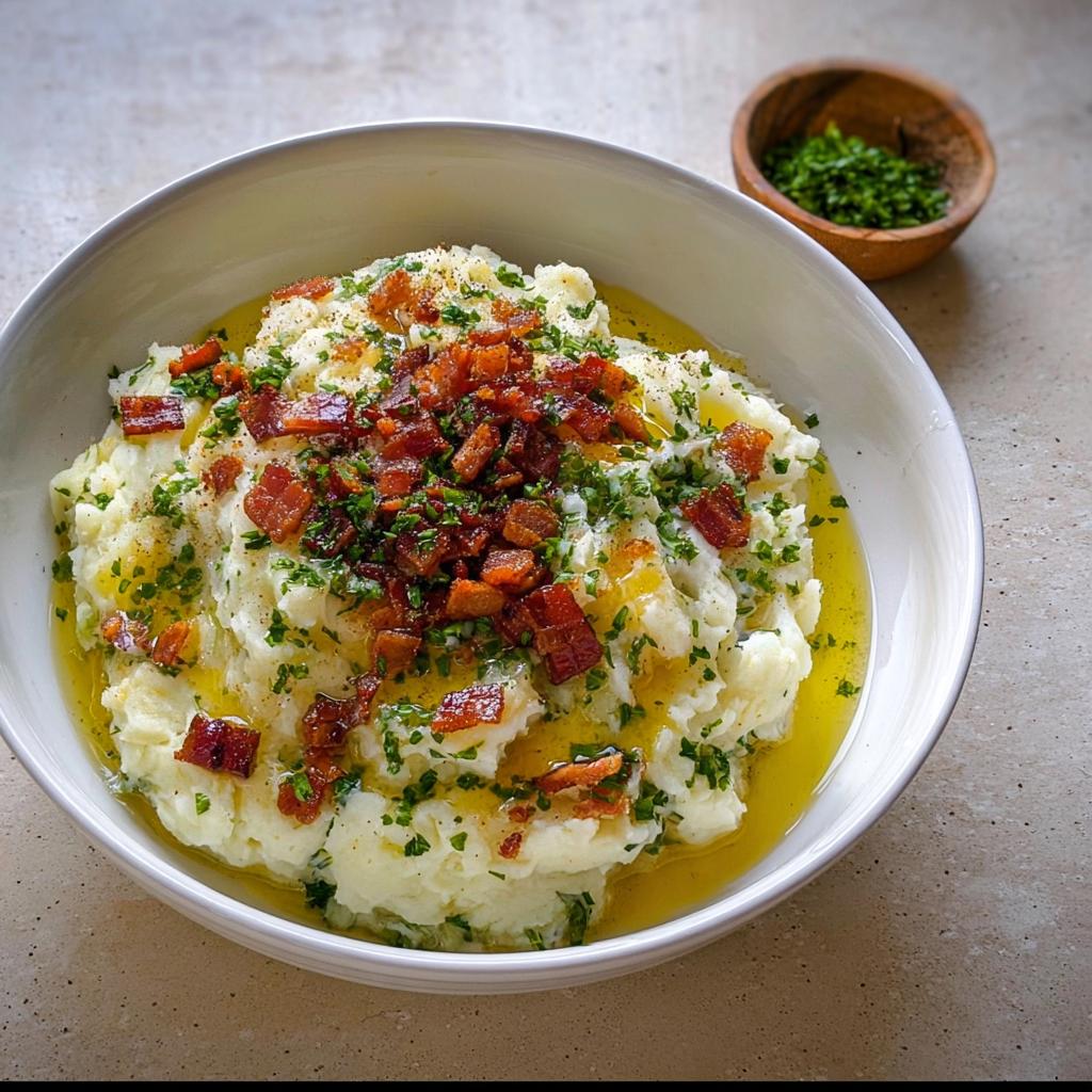 A bowl of creamy mashed potatoes topped with crispy bacon bits, fresh chives, and melted butter.
