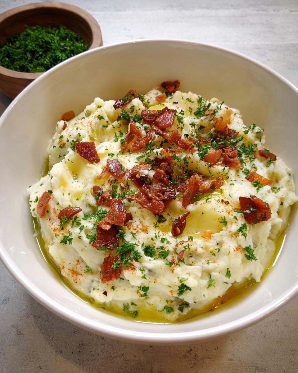 A bowl of creamy mashed potatoes topped with crispy bacon bits, fresh parsley, and melted butter, perfect for mashed potatoes recipes.