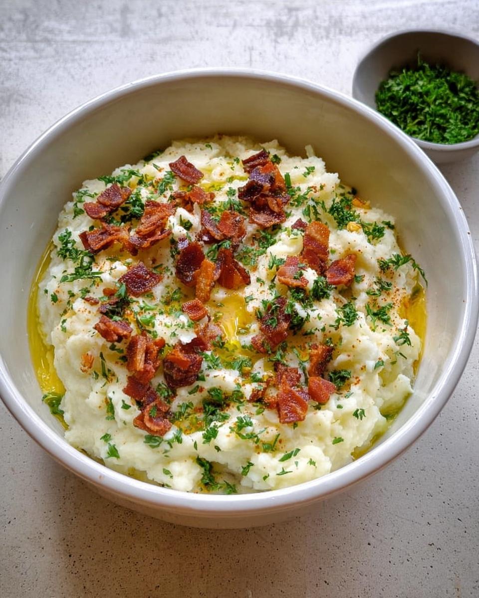 A bowl of creamy mashed potatoes topped generously with crispy bacon bits, fresh parsley, and melted butter.