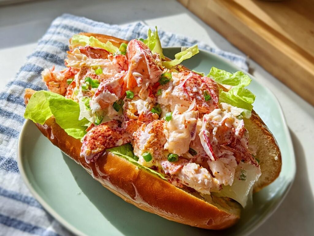 A close-up of a creamy lobster roll served on a toasted bun with lettuce, a great sandwich idea.