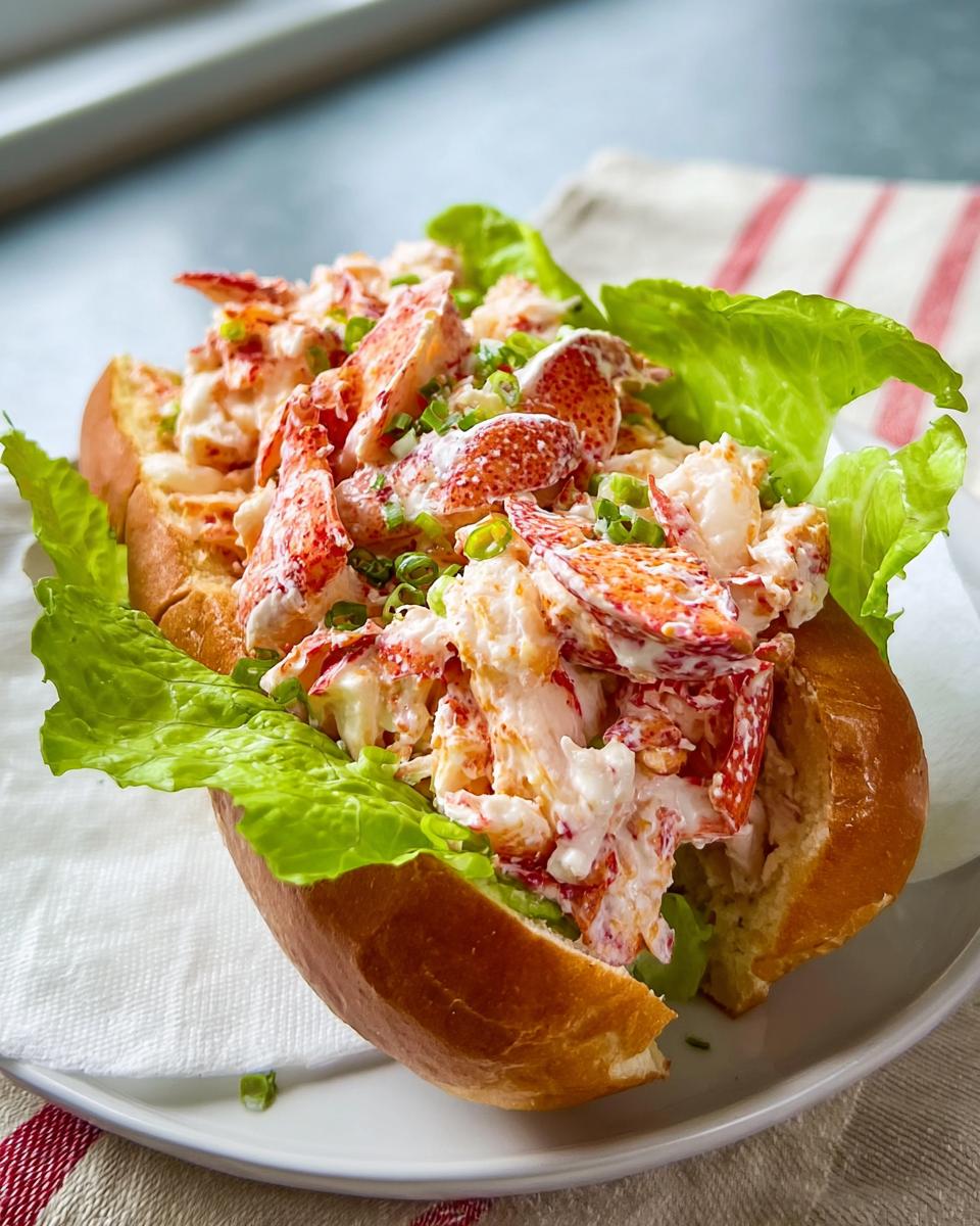 A classic lobster roll overflowing with creamy lobster salad and fresh lettuce, a great sandwich idea.