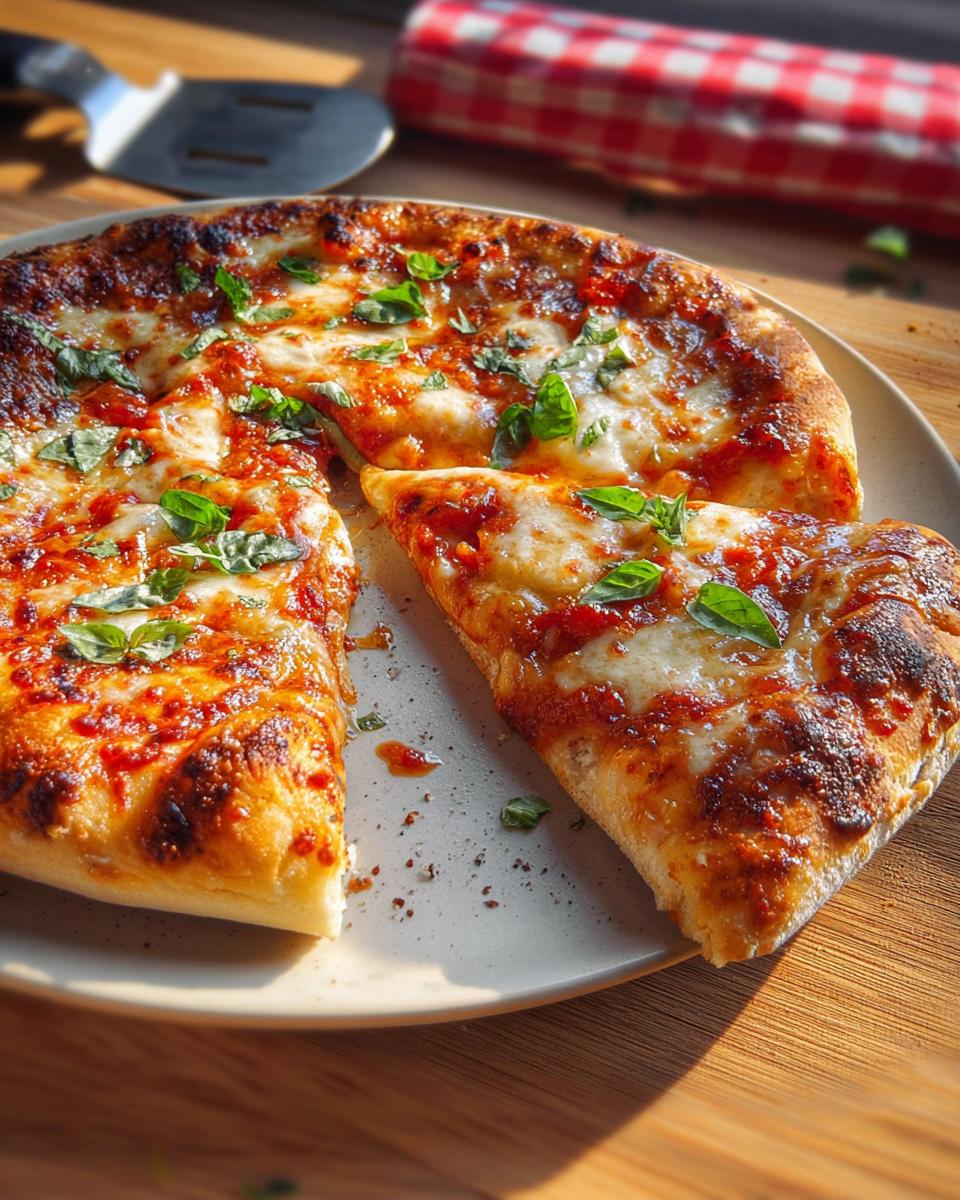 Close-up of a freshly baked Margherita pizza with melted cheese and basil, perfect for Restaurant-Style Pizza Night Recipes at Home.