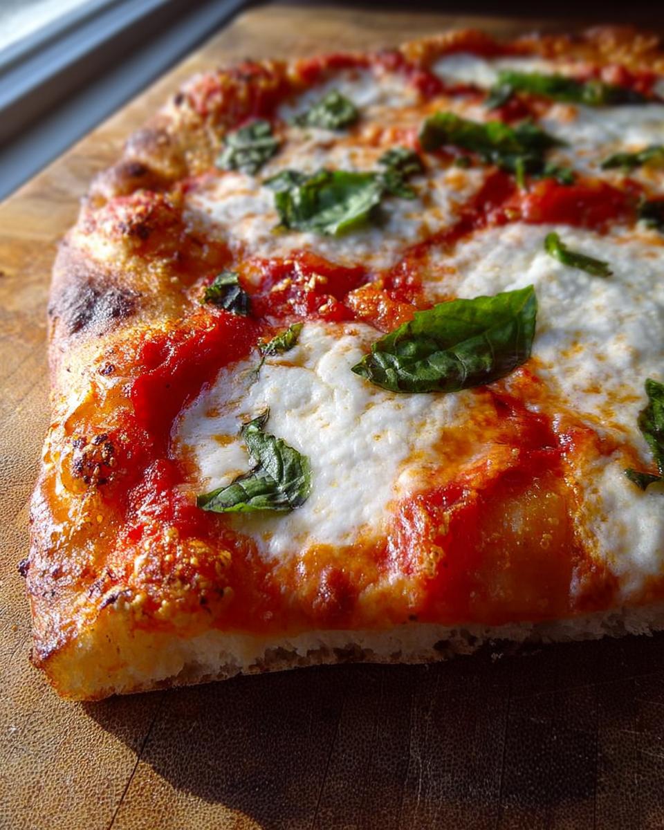 Close-up of a fresh Margherita pizza slice with melted mozzarella, tomato sauce, and basil, perfect for Pizza Night Recipes.
