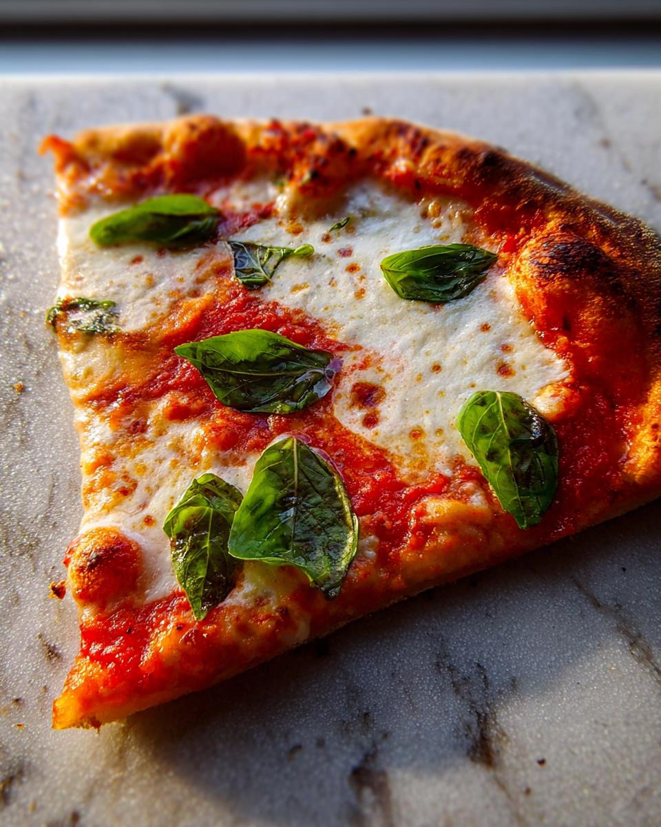 Close-up of a perfect slice of Margherita pizza with melted mozzarella, tomato sauce, and fresh basil leaves, ideal for Pizza Night Recipes.