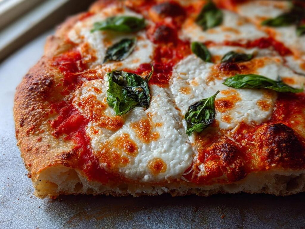 A close-up, cross-section view of a freshly baked Margherita pizza, highlighting the bubbly crust, melted mozzarella, and fresh basil for Pizza Night Recipes.