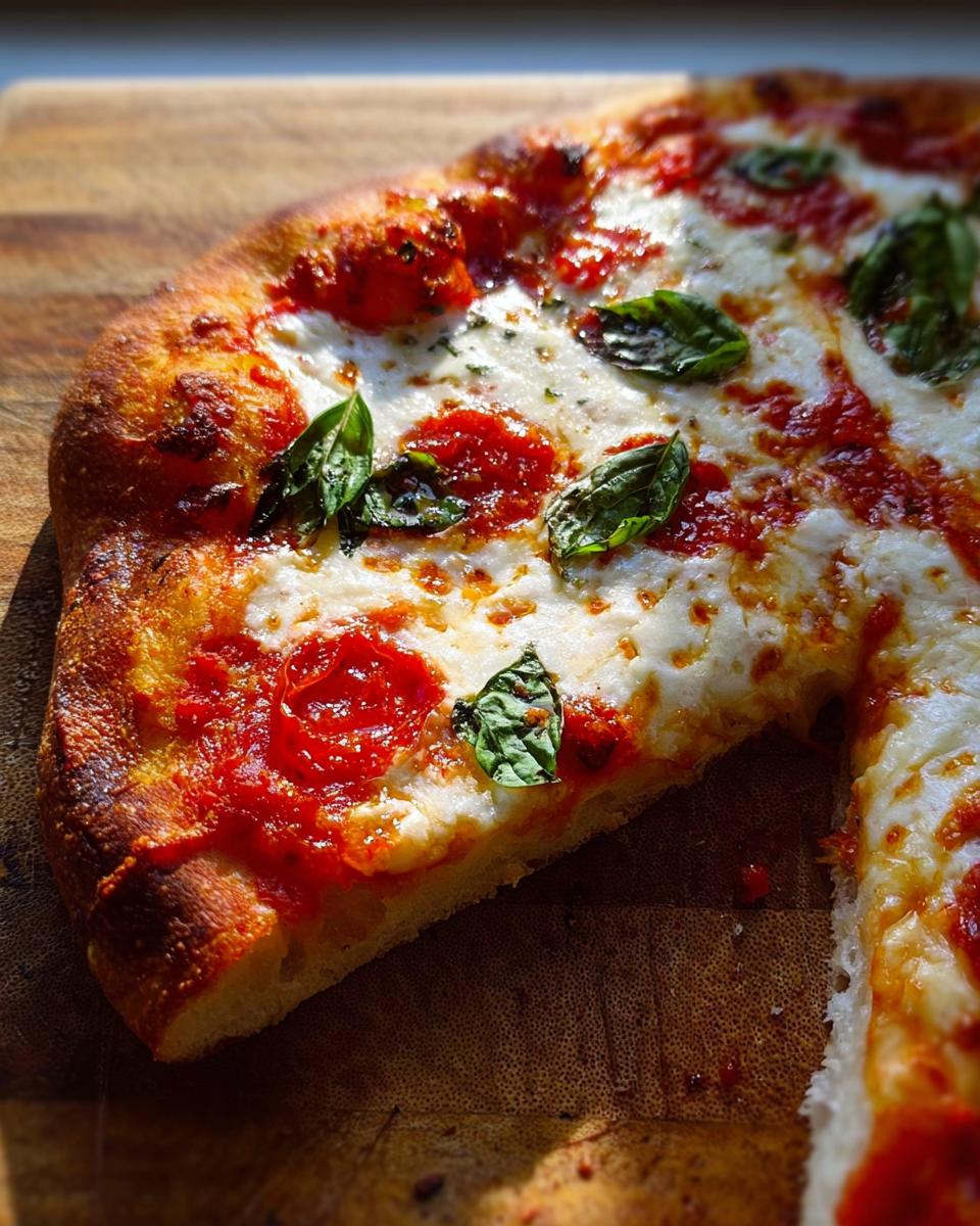 Close-up of a freshly baked Margherita pizza slice with melted mozzarella, bright tomato sauce, and fresh basil leaves, perfect for Pizza Night Recipes.