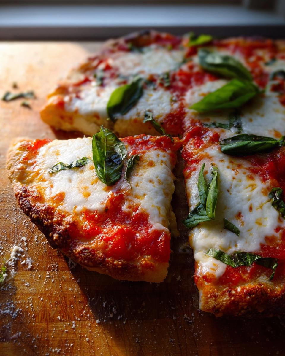 Close-up of a fresh Margherita pizza slice with melted mozzarella, bright tomato sauce, and basil, perfect for Pizza Night Recipes.