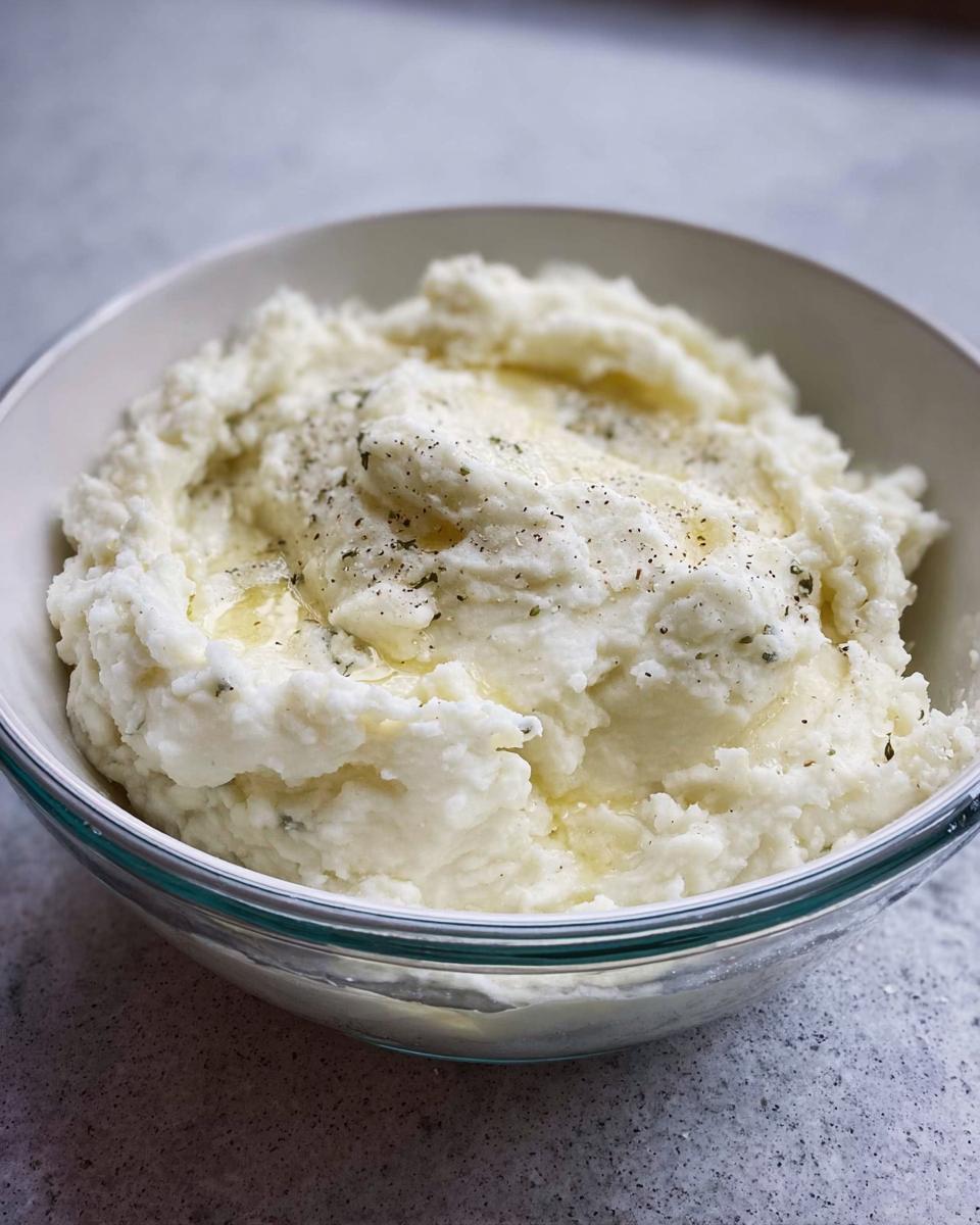 A close-up of fluffy mashed potatoes recipes topped with melted butter and cracked black pepper in a clear bowl.