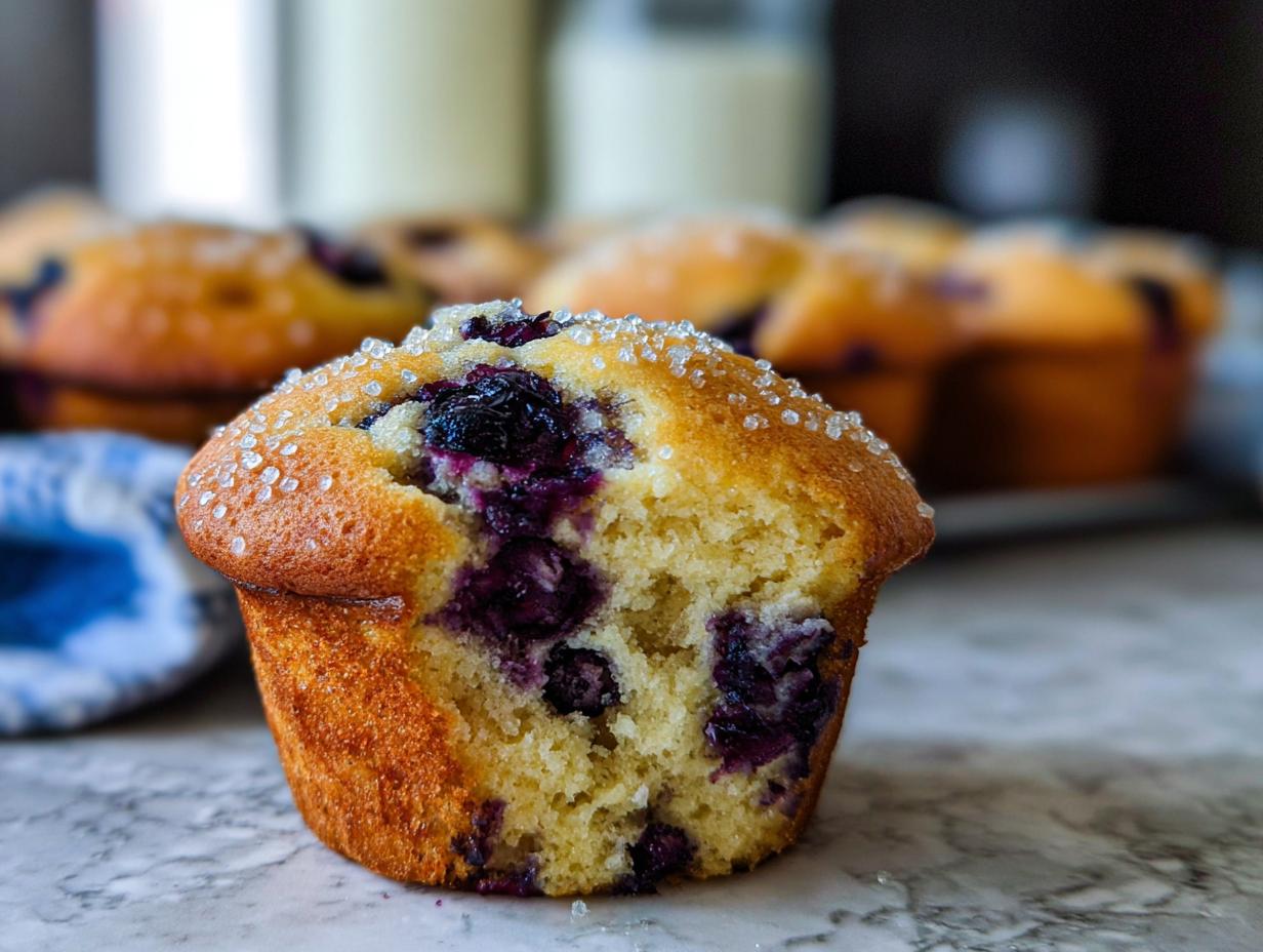Close-up of a blueberry muffin with a sugar crust, perfect for Cake Ideas Recipes Meal Prep.