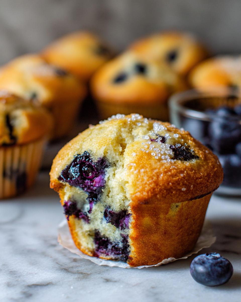 Close-up of a blueberry muffin with a bite taken out, showing moist interior and sugar topping. Great for Cake Ideas Recipes Meal Prep.