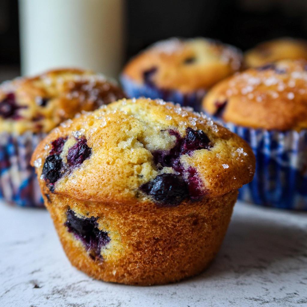 Close-up of a golden blueberry muffin topped with coarse sugar, perfect for Cake Ideas Recipes Meal Prep.