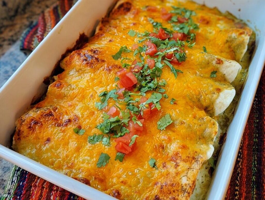 Close-up of baked chicken enchiladas covered in melted cheddar cheese and topped with fresh salsa for one of the Chicken Recipes Meal Prep.