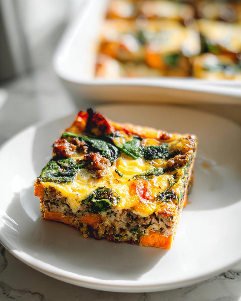 A square slice of sausage, spinach, and egg bake with a sweet potato base, perfect for Breakfast Ideas Recipes Meal Prep.