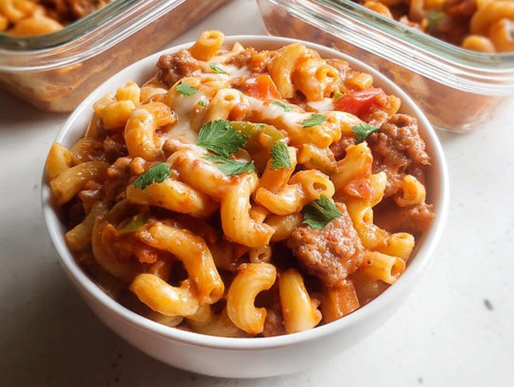 Close-up of a hearty serving of cheesy pasta recipes meal prep with ground meat sauce in a white bowl.