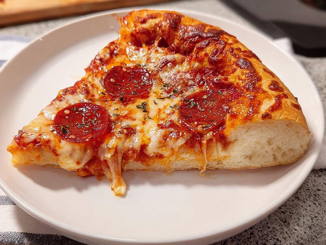 A thick slice of pepperoni pizza with melted, stretching cheese sits on a white plate, perfect for Pizza Night Recipes Meal Prep.