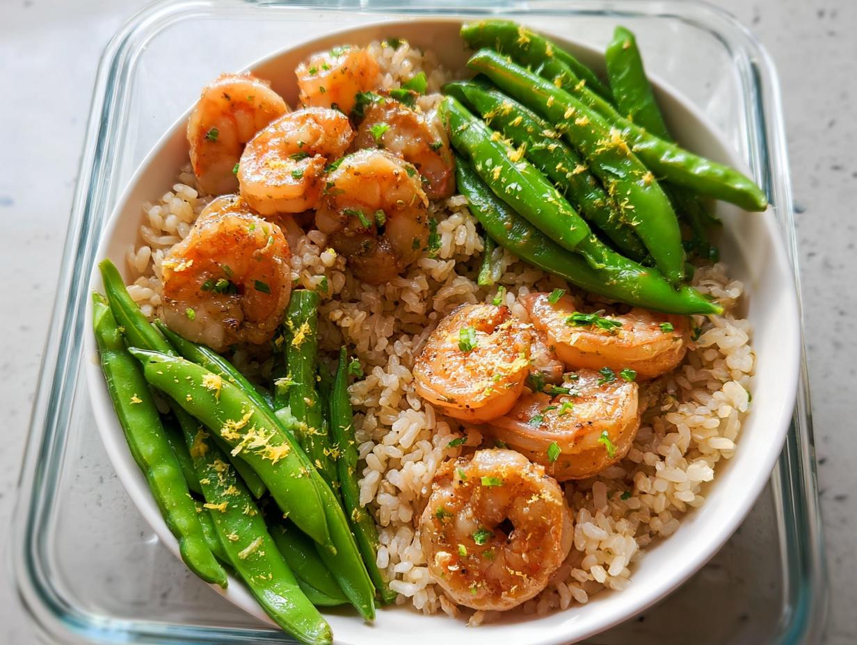 A healthy meal prep container featuring lemon garlic shrimp, brown rice, and bright green snap peas.