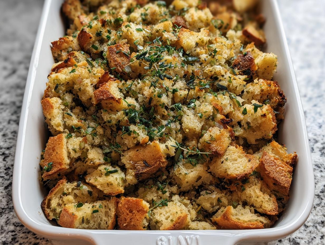 Close-up of savory bread stuffing in a white baking dish, perfect for Stuffing Recipes Meal Prep.