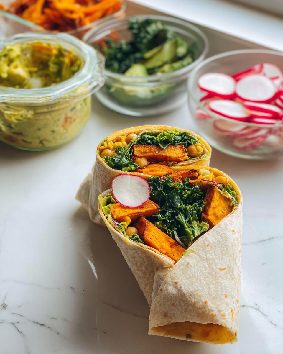 Two halves of a meal prep wrap filled with roasted sweet potato, kale, and chickpeas, ready for Sandwich Ideas Recipes Meal Prep.