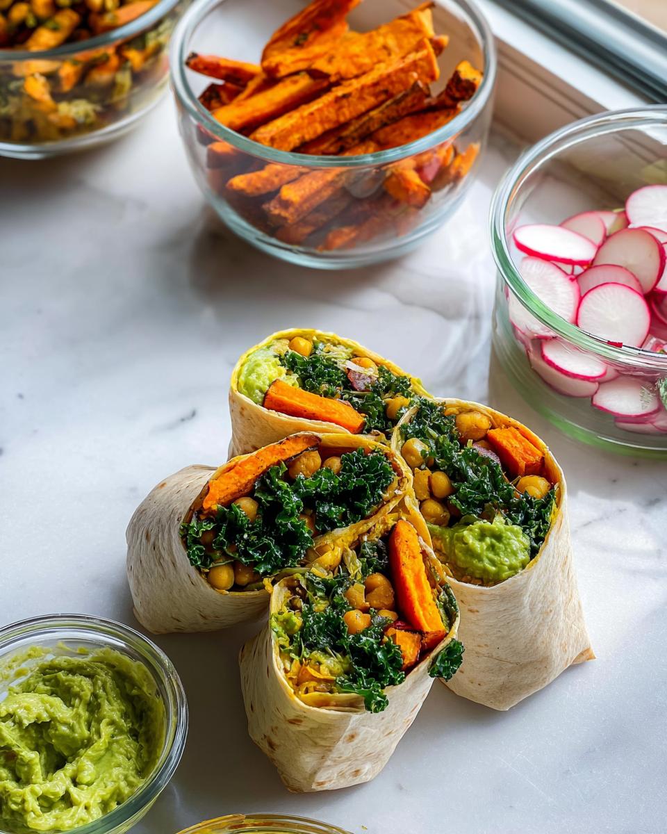Four halves of a vegetable wrap filled with kale, chickpeas, sweet potato, and guacamole, ready for Sandwich Ideas Recipes Meal Prep.