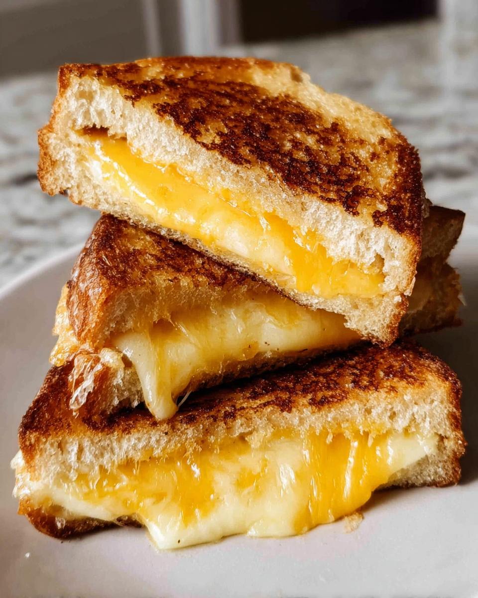 A stack of three halves of a perfectly golden brown grilled cheese recipe with gooey, melted cheddar cheese oozing out.